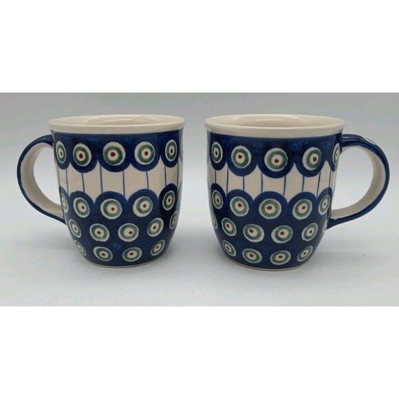 boleslawiec polish pottery Mugs Peacock Lines Dots Set Of 2 - Picture 1 of 8